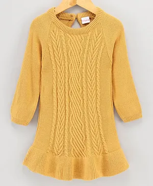 Babyhug Full Sleeves Cable Knit Woolen Dress - Mustard