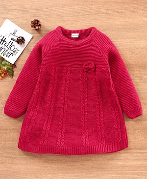 Babyhug Full Sleeves Solid Color Woollen Dress With Bow Applique - Pink