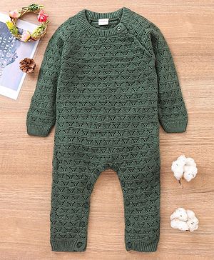 Babyhug Full Sleeves Knitted Romper Solid Textured - Olive Green