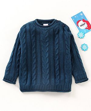 Babyhug Full Sleeves Knit Pullover Cable Knit Sweater - Navy Blue