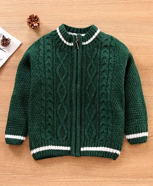Babyhug Full Sleeves Solid Color Front Open Sweater Cable Knit Design - Green