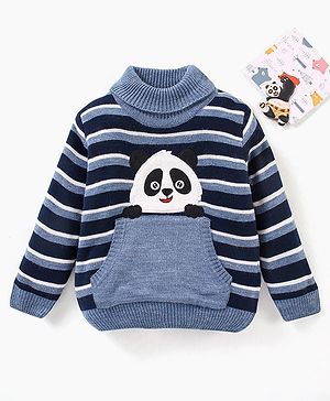 Babyhug Full Sleeves Sweater Stripes Design & Panda Patch- Navy Blue