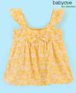 Babyoye Rayon Frill Sleeves Top with Bow Applique Floral Print - Yellow