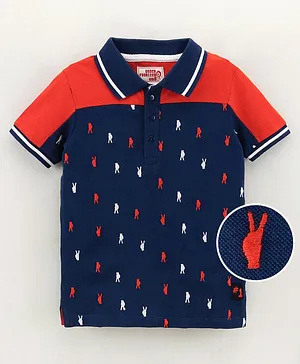 Under Fourteen Only Half Sleeves All Over Peace Sign Embroidered Polo Tee - Navy Blue