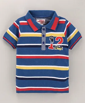 Under Fourteen Only Half Sleeves Striped Number & Text Embroidered Tee - Blue