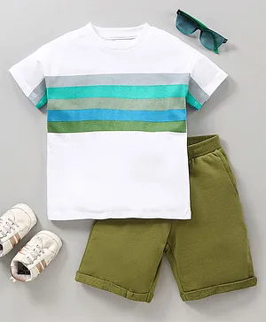 Ventra Half Sleeves Striped Tee With Shorts Set - White