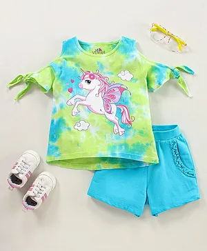 Ventra Cold Shoulder Half Sleeves Tie & Dyed Unicorn Printed Tee With Shorts - Green