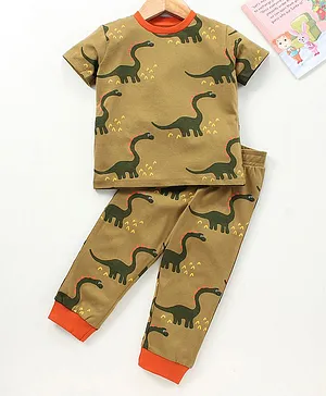Ventra Half Sleeves All Over Dinosaurs Printed Night Suit - Olive Green