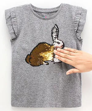Ventra Cap Frill Sleeves Rabbit Reversible Sequin Embellished Top - Grey