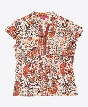 BIBA Cap Sleeves All Over Floral Printed Embroidered Placket Top - Off White & Orange