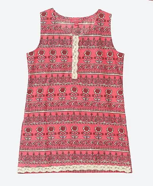 BIBA Sleeveless A Line All Over Floral Print Lace Trim Top - Pink