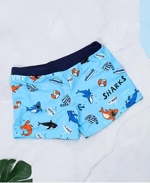 Yellow Bee All Over Shark Print Swimming Trunk- Blue