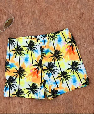 Yellow Bee All Over Palm Trees Printed Swimming Trunk - Black Orange Blue