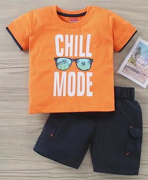 Babyhug Half Sleeves Tee and Shorts Set Text Print - Orange Navy