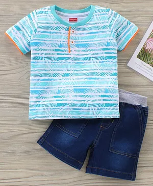Babyhug Half Sleeves Tee and Denim Shorts Set Leafy Print - White Blue