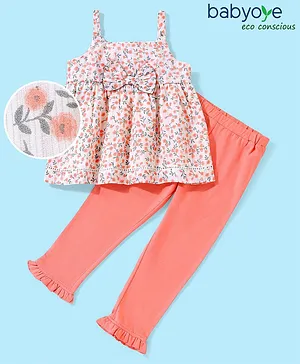 Babyoye Cotton Sleeveless Top and Legging Set Floral Print - White Pink