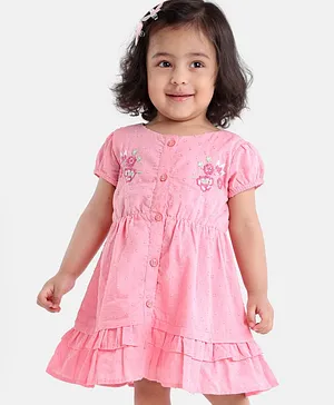 Babyoye Cotton Cap Sleeves Frock With Frill Detailing & Floral Embroidery- Pink