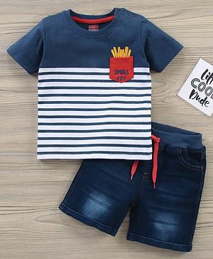 Babyhug Cotton Knit Half Sleeves T-Shirt & Denim Shorts Stripes - Blue White