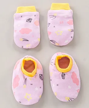 Ohms Cotton Mittens and Booties Set Printed - Pink