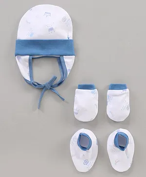 Ohms Cotton Cap And Mittens With Booties Set Crown Print White And Blue - Diameter 10.5 cm