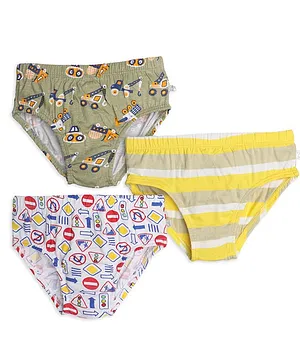 SuperBottoms Pack Of 3 Striped & All Over Construction Vehicles & Road Signs Print Briefs - Khaki Yellow & White