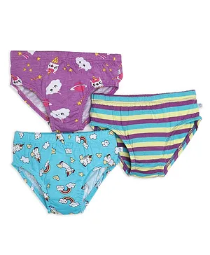 SuperBottoms Pack Of 3 Unicorn & Rainbow With Cloud Printed Cotton Modal Panties For Girls - Purple White & Yellow