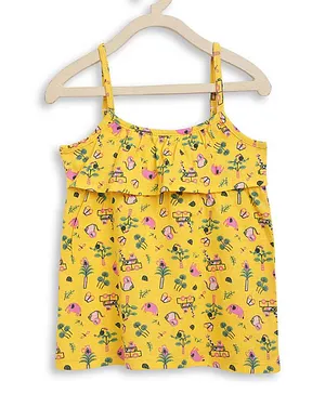 SuperBottoms Forest Printed Sleeveles Strappy A-Line Cotton Modal Top  - Yellow Pink & Green