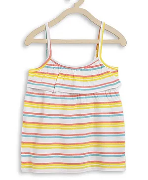 SuperBottoms Striped & Ruffled Sleeveless Strappy A-Line Top - White Yellow & Red