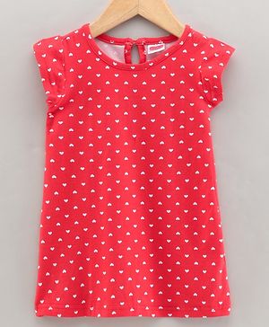 Babyhug Cotton Knit Short Sleeves Heart Print Baby Gown - Red