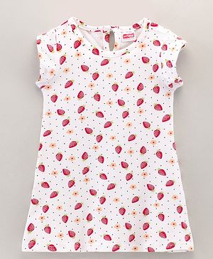 Babyhug Cotton Knit Short Sleeves Strawberry Print Baby Gown - White