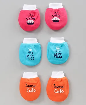 Simply Cotton Mittens Text Printed Pack Of 3 - Pink Blue & Orange