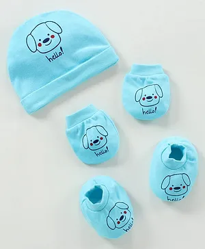 Simply Cotton Cap Mitten & Booties Set Dog Printed Blue - Diameter 9.5 cm 