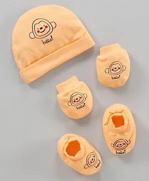 Simply Cotton Cap Mitten & Booties Set Monkey Printed Orange - Diameter 9.5 cm 