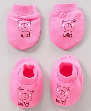 Simply Cotton Mittens & Booties Set Bear Printed - Pink