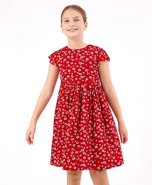 Primo Gino Cotton Cap Sleeves One Piece Frock Printed - Red