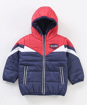 Babyhug Full Sleeves Hooded Padded Jacket Colour Block Pattern - Navy Red