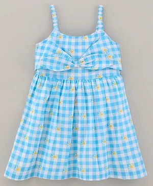 Babyhug Singlet Sleeves 100% Cotton Checks Frock With Bow Applique - Blue