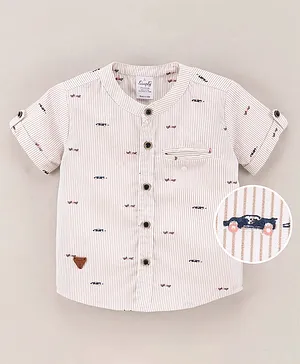 Simply Half Sleeves Cotton Printed Shirt Car Embroidery - Beige