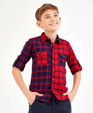 Primo Gino Full Sleeves Checks Shirt With Cross Pockets - Red