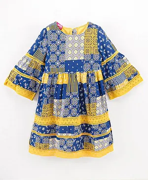 Under Fourteen Only Full Bell Sleeves Lace Trim Detailing Motif Print Dress - Yellow