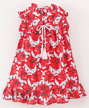 Under Fourteen Only Flutter Sleeves All Over Flower Print Dress - Red