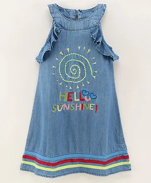 Under Fourteen Only Sleeveless Hello Sunshine Placement Embroidered Dress - Blue