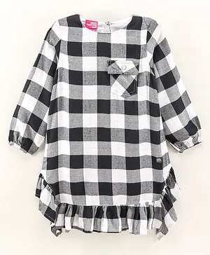 Under Fourteen Only Full Sleeves Block Checked Flounced Bottom Dress With Front Pocket - Black & White
