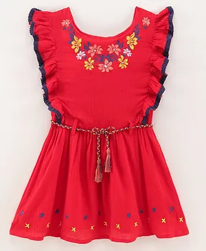 Under Fourteen Only Flounced Cap Sleeves Placement Floral Embroidered Flared Dress With Front /Tassel Tie Up - Red