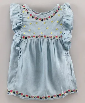 Under Fourteen Only Cap Sleeves Placement Embroidered Top - Blue