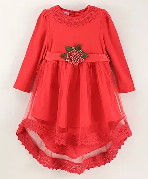 Under Fourteen Only Full Sleeves Floral Appliqued Lace Detail Dress - Red