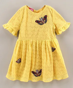 Under Fourteen Only Half Ruffle Trim Sleeves Butterfly Patch Embroidered Dresses - Yellow