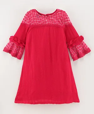Under Fourteen Only Three Fourth Bell Sleeves Lace Yoke & Sleeve Ruffle Detail Dress - Pink