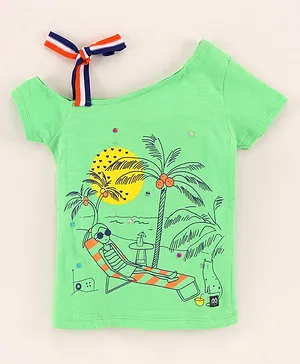 Under Fourteen Only Half Sleeves Beach Theme Printed Top With Shoulder Tie up - Green