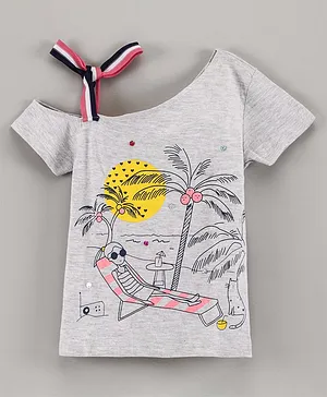 Under Fourteen Only Half Sleeves Beach Theme Printed Top With Shoulder Tie Up - Grey